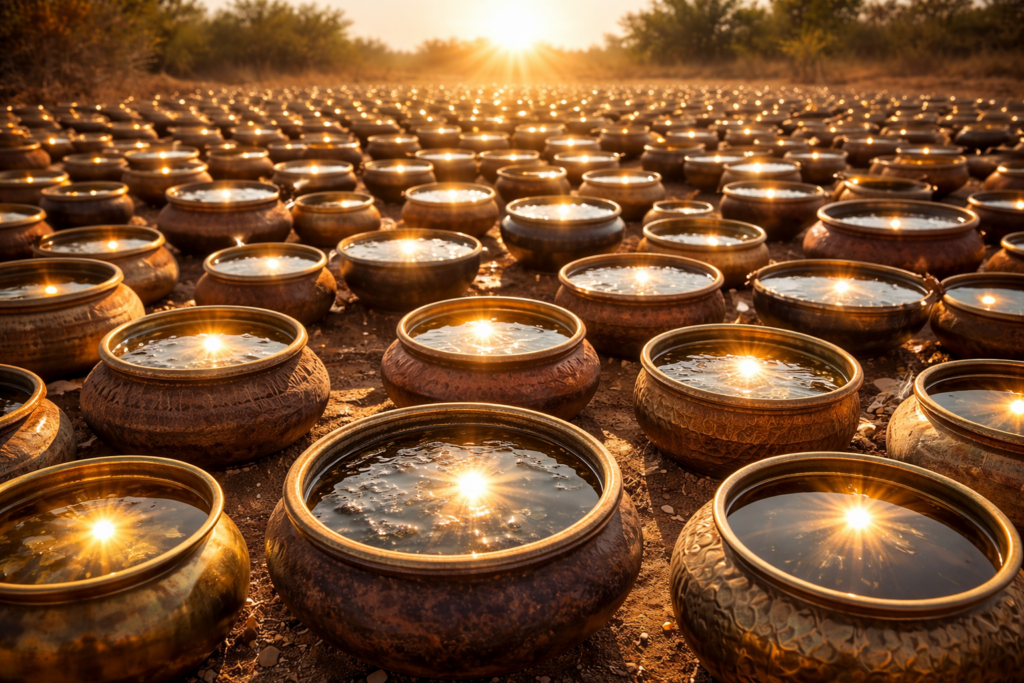 sun reflecting from different pots