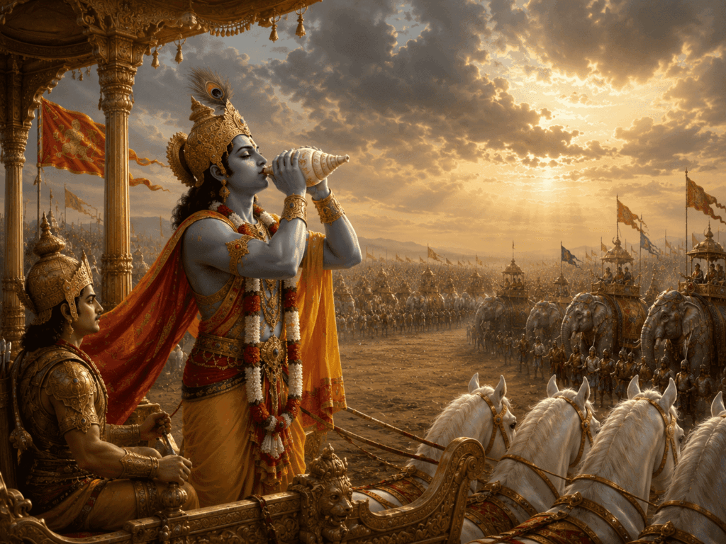 Krishna blowing his counch